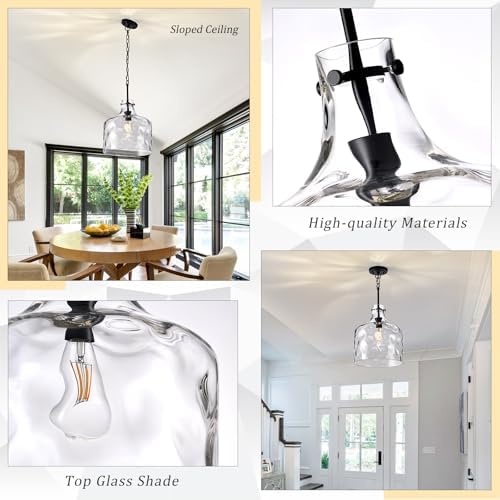 CATINER 16" Farmhouse Hammered Glass Pendant Light, Black Hanging Light