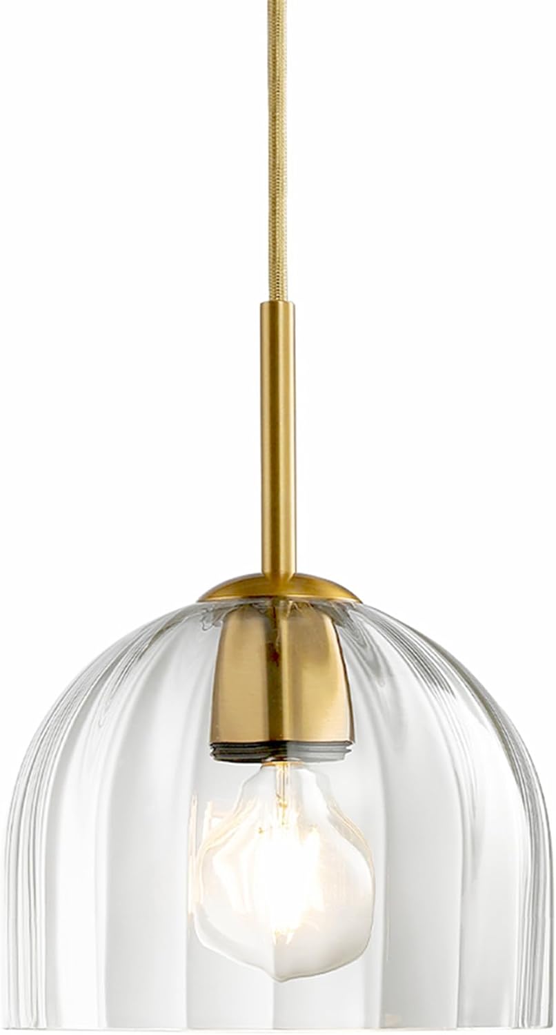 Clear Ribbed Glass Pendant Light Kitchen Island 7.8Inch Brass Hanging Lamp