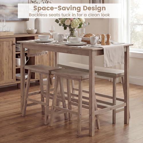 GIANTEX 4-Piece Counter Height Dining Table Set with Power Outlet, Solid Rubb...