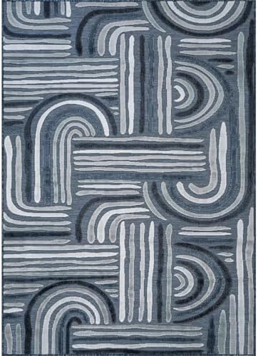 CAMILSON Indoor Outdoor Rug, Navy Blue 8x10 Geometric Arch Striped Area Rugs ...
