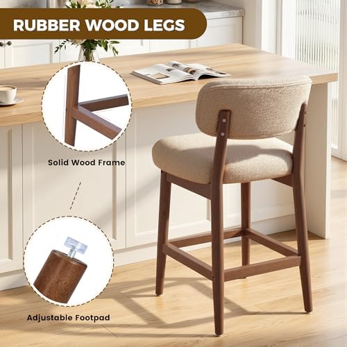 Solid Wood Counter Height Bar Stools Set of 2, Fluffy Boucle Bar Chairs with ...