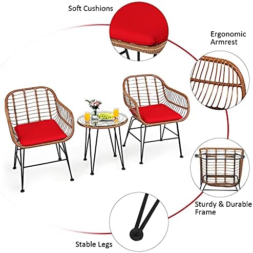 Tangkula 3 Pieces Patio Conversation Bistro Set, Outdoor Wicker Furniture w/R...