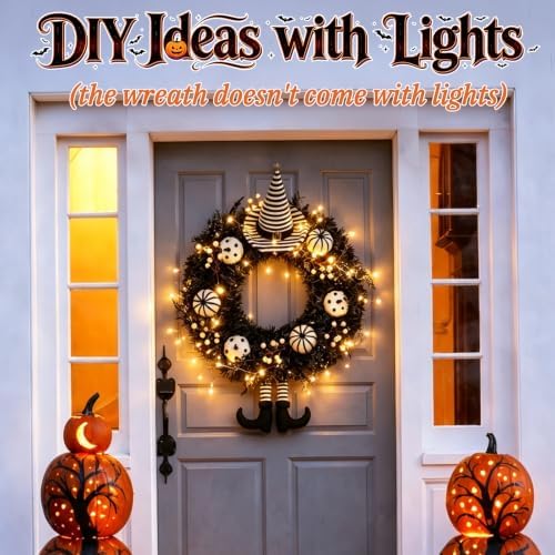 Grooy 24 Inch Halloween Wreath for Front Door with Striped Hat, Legs