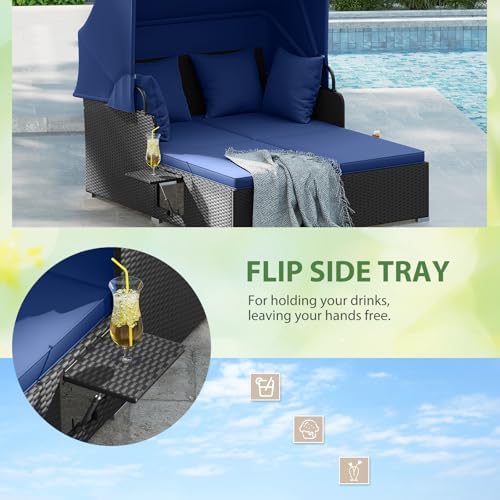 ORALNER Outdoor Daybed, 2-Person Wicker Patio Sofa with Retractable Canopy, C...