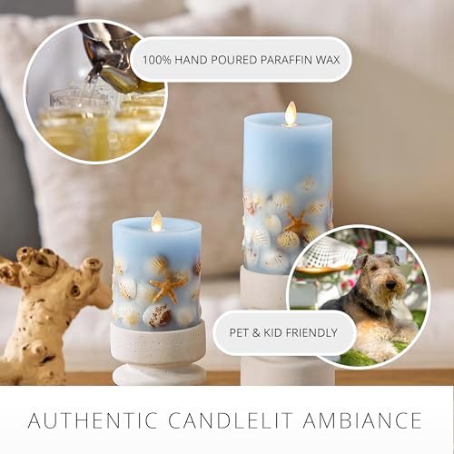 Luminara Flameless LED Candle Soft Chambray Embedded Seashell & Starfish ...