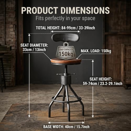 LOKKHAN Set of 2 Rustic Industrial Bar Stool-24-30 Adjustable Metal Swivel Wo...