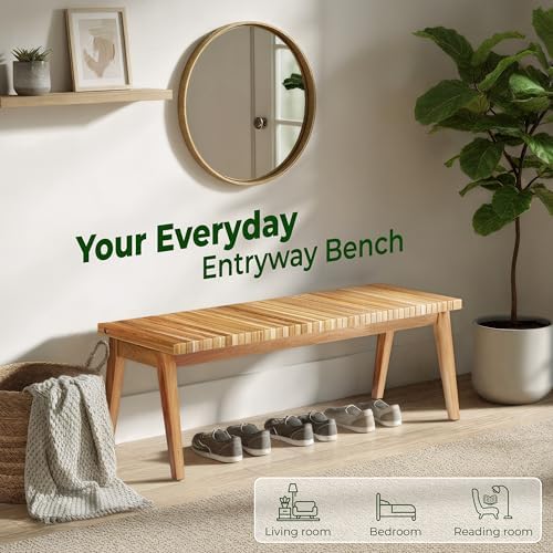Melino Wooden Bench Outdoor 47" Convertible Acacia Wood Bench, Solid Woo...