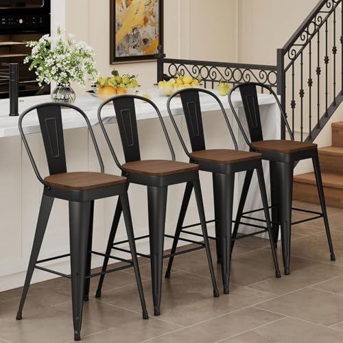 Andeworld Metal Bar Stools Set of 4, 24" Counter Height with Backs, Black