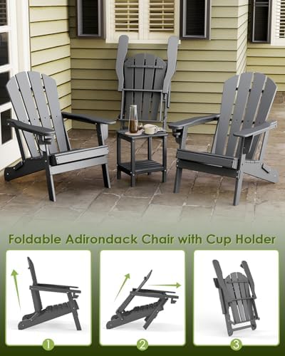 GREENVINES Folding Adirondack Chairs Set of 2 w/Cup Holder, HDPE, Grey