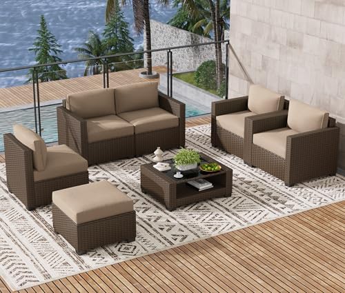 LOUVIXA 7 Piece Outdoor Patio Furniture Set, Rattan Chairs Glass Table Wicker...