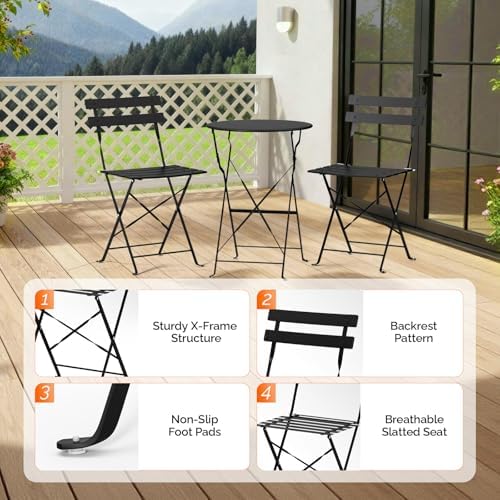 VINGLI Outdoor Folding Bistro Table and Chairs Set of 2, 3-Piece Bistro Set w...