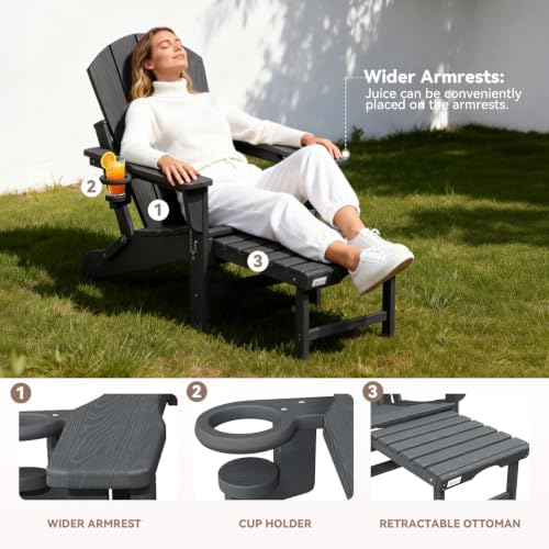 Mdeam HDPE Folding Adirondack Chairs Set of 2, 400 lbs 2 Cup Holders, Grey