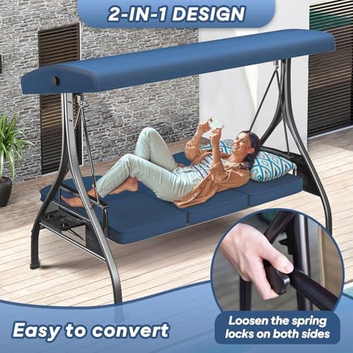 ZZW 3 Seat Outdoor Porch Patio Swing with Stand 800lbs 2-in-1 Convertible Swi...