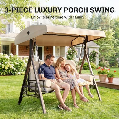 Outsunny 3-Seat Patio Swing Chair Adjustable Canopy Beige