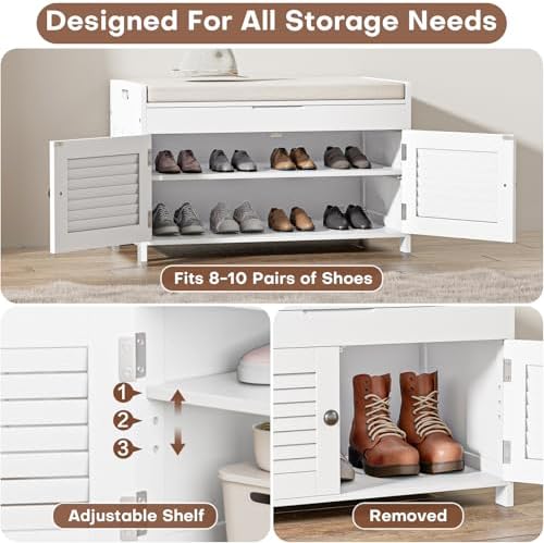 WARMHONIU Shoe Storage Bench with Lift Top Storage & Cushioned Seats