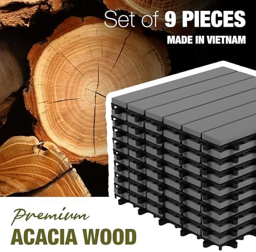 Acacia Wood Interlocking Deck Tiles, Patio & Backyard Tile, 12 in, 9 PCS
