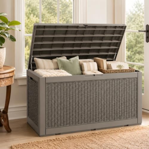 Outdoor Storage Box Resin Deck Box Waterproof BrownWicker 126 Gallon
