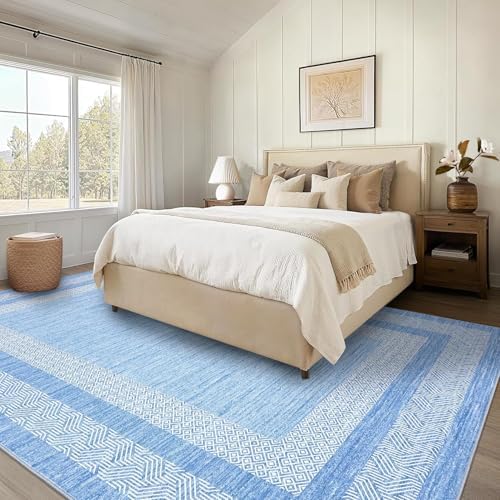 GarveeHome 9x12 Large Modern Light Blue Area Rug Distressed Bordered Soft Non...
