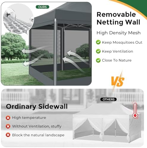 COBIZI 10x15 Heavy Duty Pop Up Canopy with 4 Mosquito Net Sidewalls, Gray