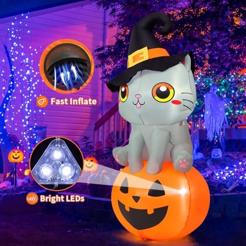 GOOSH 6 FT Halloween Inflatables Cat Outdoor Decorations Blow Up Yard Cute Wi...