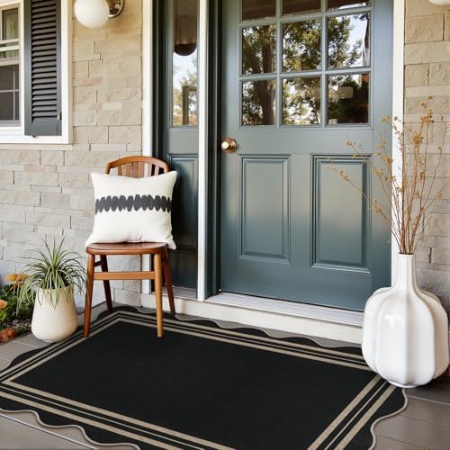 Scalloped Easy Jute 3x5 Outdoor Rug, Washable Rugs for Entryway Black Front D...