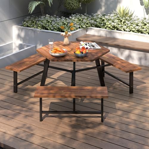 GIANTEX Picnic Table Bench Set for 6, Acacia Wood Outdoor Dining Table Set wi...