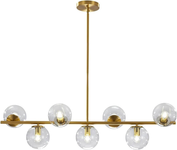 KCO MCM 7-Light Brass Gold Linear Sputnik Chandelier with Clear Glass Shade