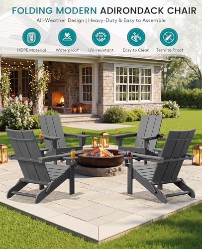 SERWALL Modern Folding Adirondack Chairs Set of 4, HDPE, Cup Holders, Gray