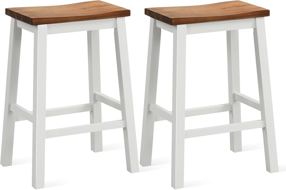 COSTWAY 24.5 Inch Bar Stools Set of 2, Solid Wood Saddle Stools w/Footrests, ...