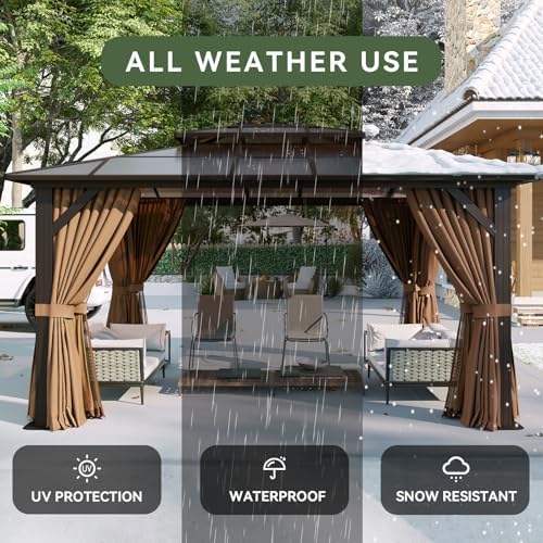 Aoxun 12'x10' Hardtop Gazebo with Polycarbonate Double Roof, Brown
