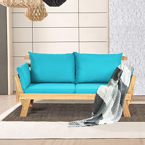 Tangkula Convertible Acacia Wood Patio Couch Sofa Bed with Adjustable Armrest...