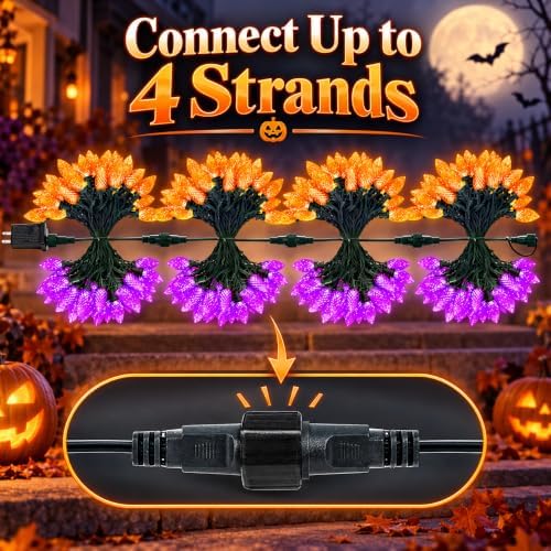 2PK 100 LED 86FT Connectable C9 Halloween Lights Outdoor, Purple and Orange