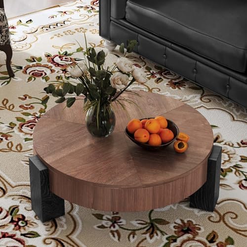 Round Coffee Table with Hidden Storage & 3 Block Legs