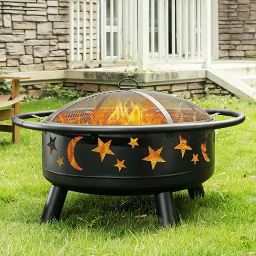 32 Inch Round Fire Pit with Mesh Cover, Fire Poker, Star and Moon Design, Met...