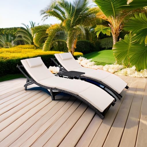 Devoko Patio Chaise Lounge Sets Outdoor Rattan Adjustable Back 3 Pieces Cushi...