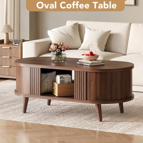 47.2" Oval Fluted Coffee Table with Storage, Fluted Mid-Century, Walnut