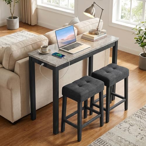 COSTWAY 3-Piece Wooden Bar Table Set with Charging Station