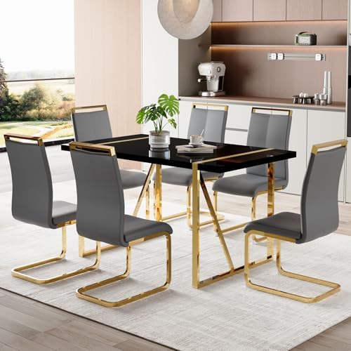Modern Dining Table Set for 6, 55'' Dining Room Table Set with 6 Faux...
