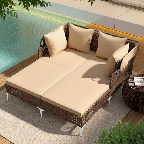 Tangkula Outdoor Rattan Daybed with Retractable Canopy, Boho Patio Wicker Sun...