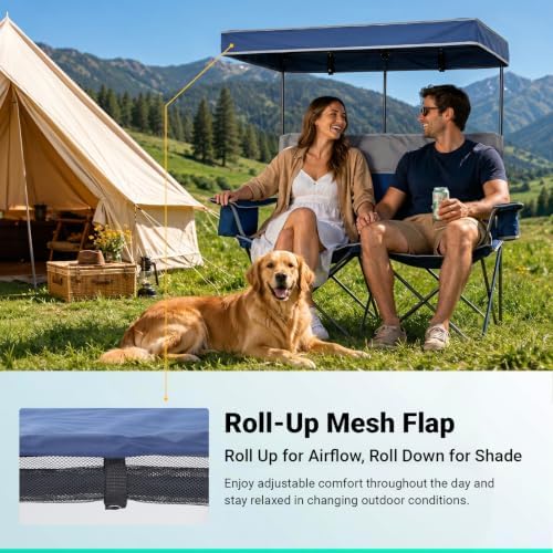 Overmont Camping Chair with Canopy- Folding Double Loveseat Chair with Adjust...