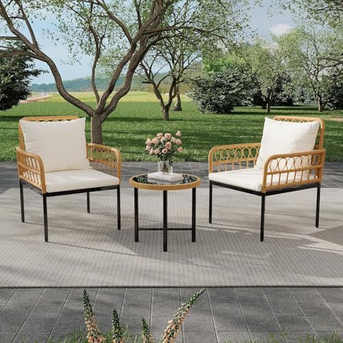 3-Piece All-Weather Wicker Rattan Bistro Patio Furniture Set with Glass Table...