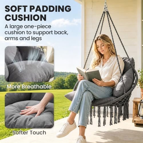 Outsunny Hammock Swing Chair w/Large Cushion Cotton Rope Chain Dark Gray