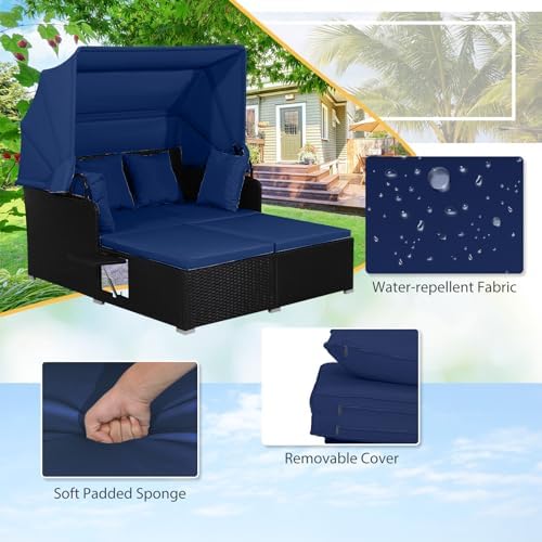 ORALNER Outdoor Daybed, 2-Person Wicker Patio Sofa with Retractable Canopy, C...