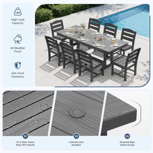 KINGYES Outdoor Dining Set,84'' Table w/Umbrella Hole & Armless C...