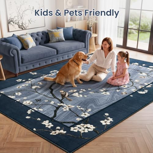 6x9 Navy Blue Oriental Floral Bird Butterfly Print Area Rug