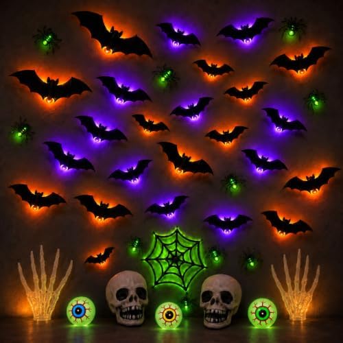 41 PCS 3D LED Halloween Bats Wall Decor with Spiders, Web & Skulls