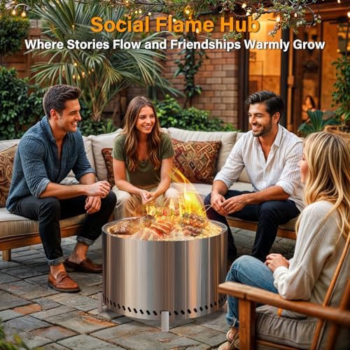 HGD 28" Smokeless Fire Pit with Stand & Grill Rack, Large Stainless ...