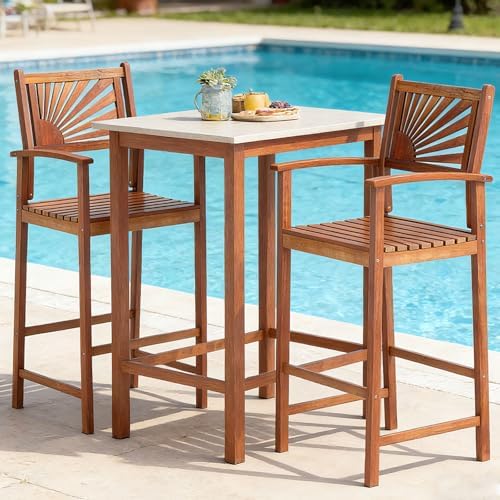 COSTWAY 29'' Outdoor Acacia Wood Bar Chairs Set of 2 with Back and Ar...