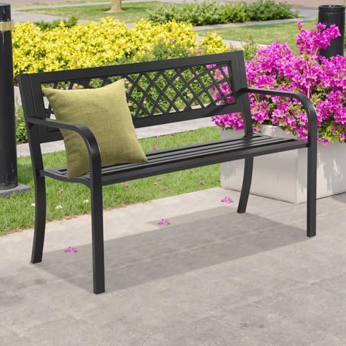 Outdoor Bench,Patio Garden Benches,Metal Weatherproof Porch Bench with Grid-P...