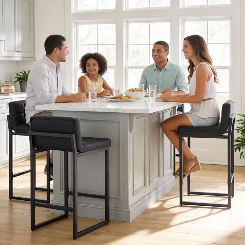 FIRAVOE Bar Stools Set of 3, Upholstered Faux Leather Counter Height Barstool...